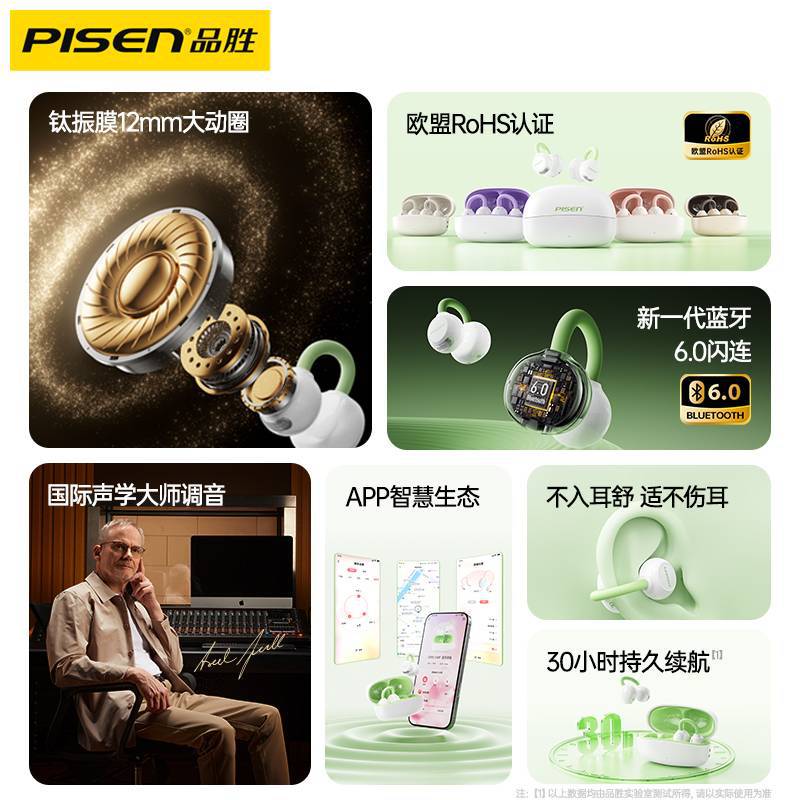品胜Clip云羽耳夹式蓝牙耳机2025新款无线挂耳气骨传导运动不入耳