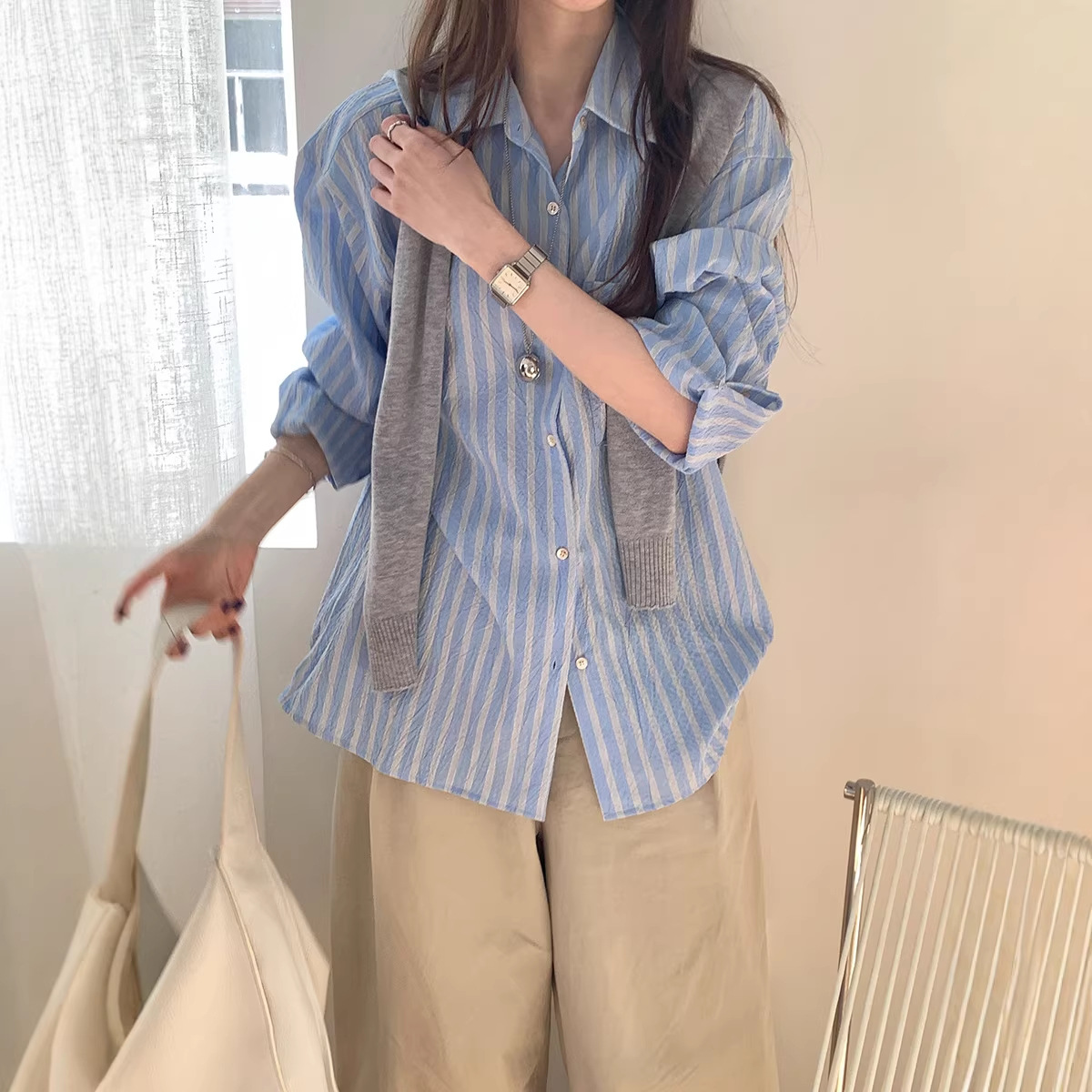 2026春季新款女装韩系复古蓝色条纹衬衫女纯棉休闲百搭开衫上衣