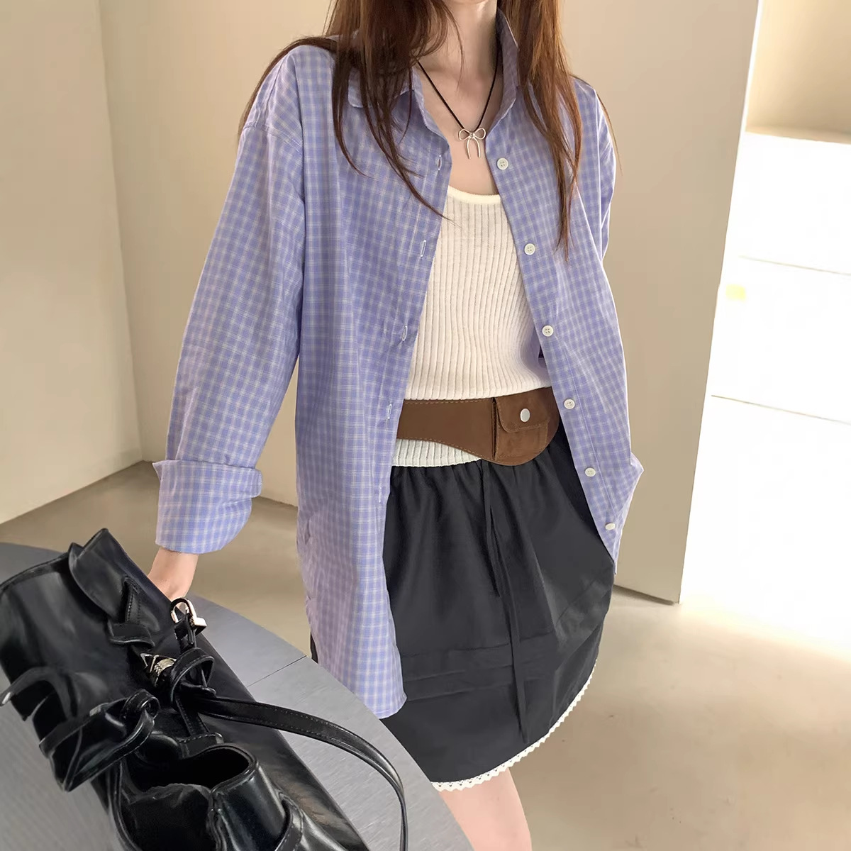 薇颂服饰2026春季新款女装蓝色格子衬衫女宽松慵懒风纯棉衬衣外套