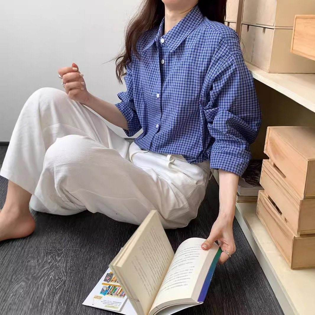 薇颂女装休闲长袖格子衬衫女春季新款韩系宽松挺阔翻领开衫上衣