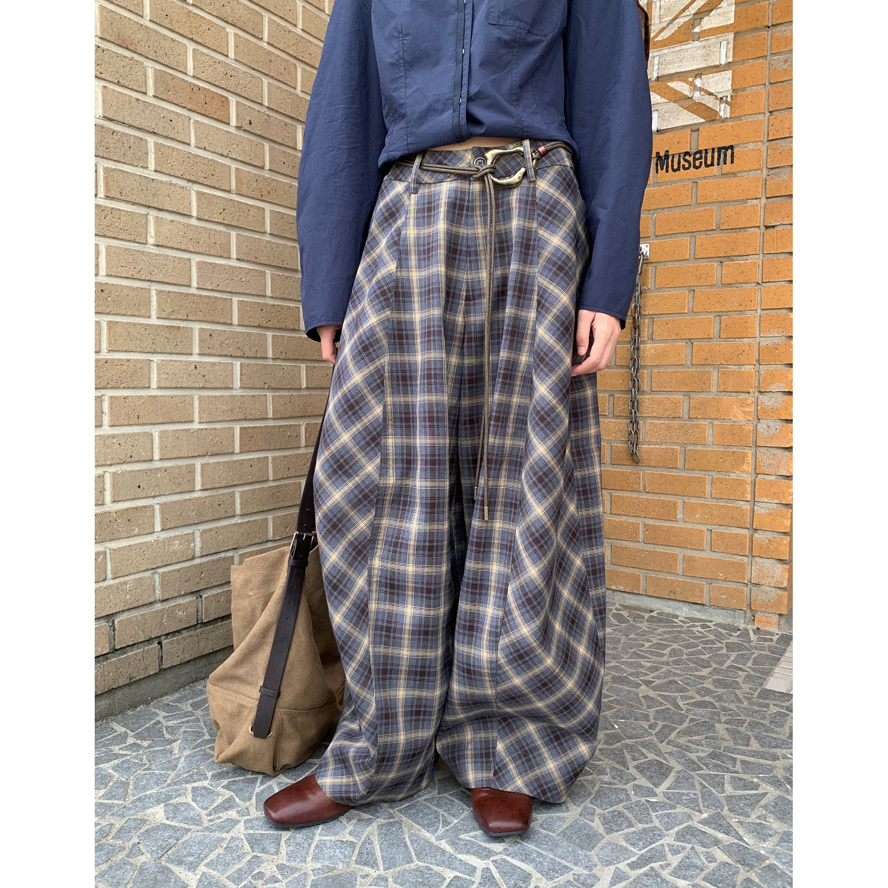 【特价不退不换】原价168元【没腰带】 复古格子阔腿弯刀255259