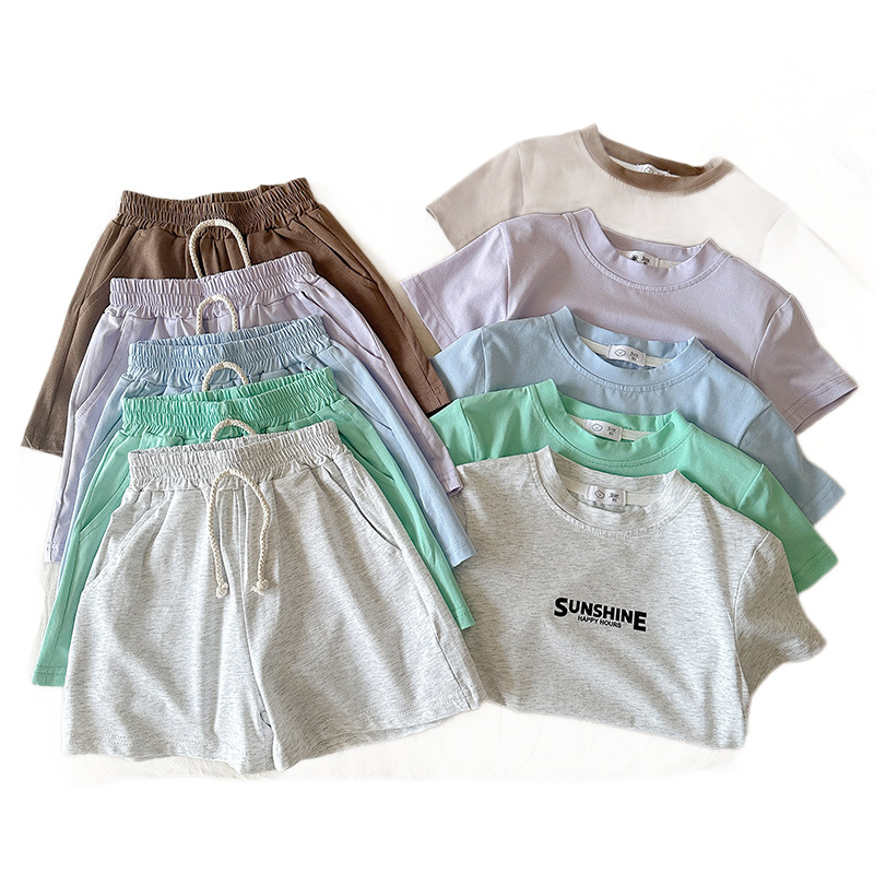 女童夏季套装韩版短袖T恤短裤两件套纯色印花休闲童装儿童夏装新