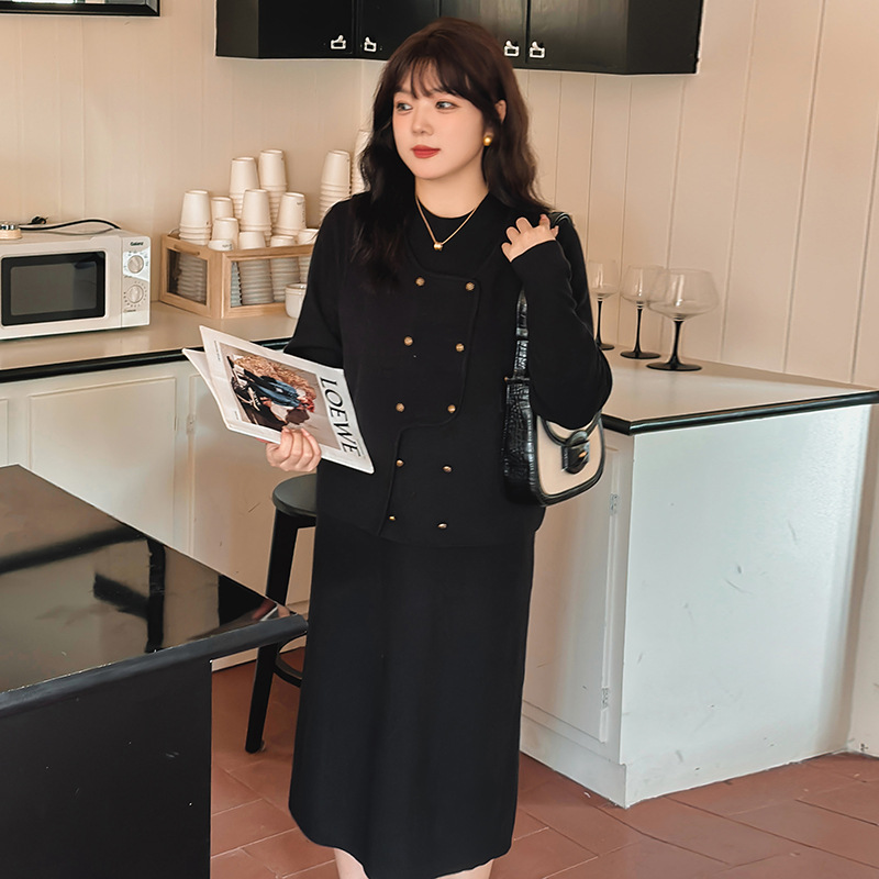 大码半高领连衣裙女外搭马甲两件套2025冬胖mm显瘦针织套装21927