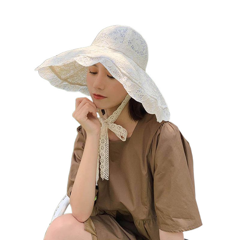 复古蕾丝蝴蝶结儿童渔夫帽女童夏遮阳帽子透气沙滩防晒太阳盆帽